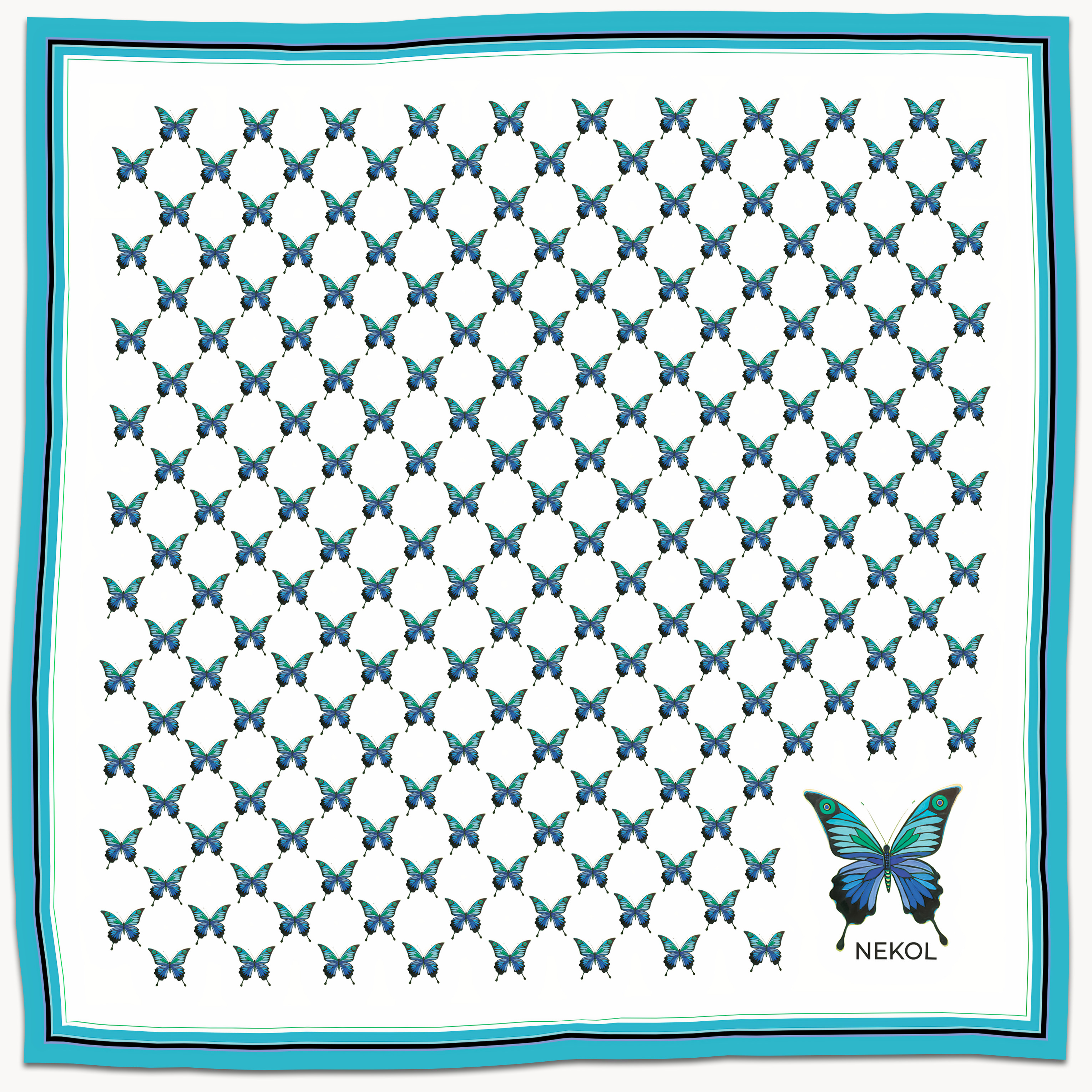 Blue butterfly silk scarf with azure butterfly pattern on white background