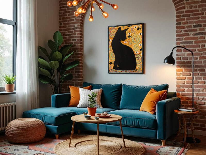 Nekol painting with black cat silhouette on golden patterned background as focal point in interior. Displayed above turquoise velvet sofa with orange pillows. Brick arch and warm lighting. Original oil painting transforming the space into unique personal environment.