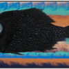 Preview Image: Black fish oil painting on abstract striped background in blue, orange, and white tones, by Nekol, titled “Fish #1”, 39x20 inch canvas.