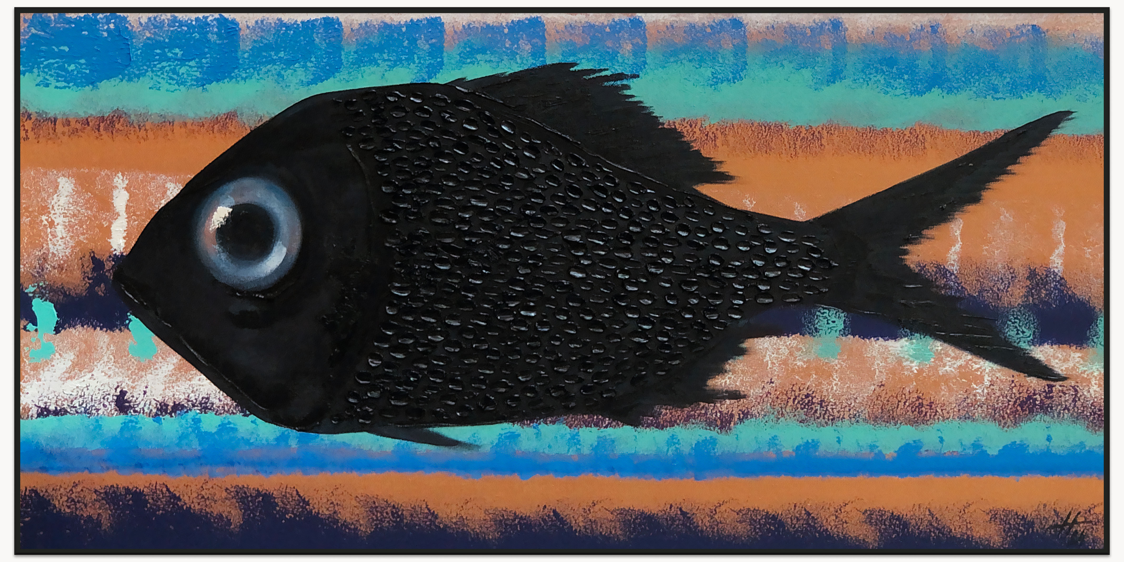 Preview Image: Black fish oil painting on abstract striped background in blue, orange, and white tones, by Nekol, titled “Fish #1”, 39x20 inch canvas.