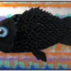Preview Image: A surreal black fish oil painting on a textured, colorful striped background, from the series “Of Fish and Scape” by Nekol.