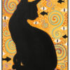Black cat oil painting depicting a mystical guardian cat in symbolic golden composition