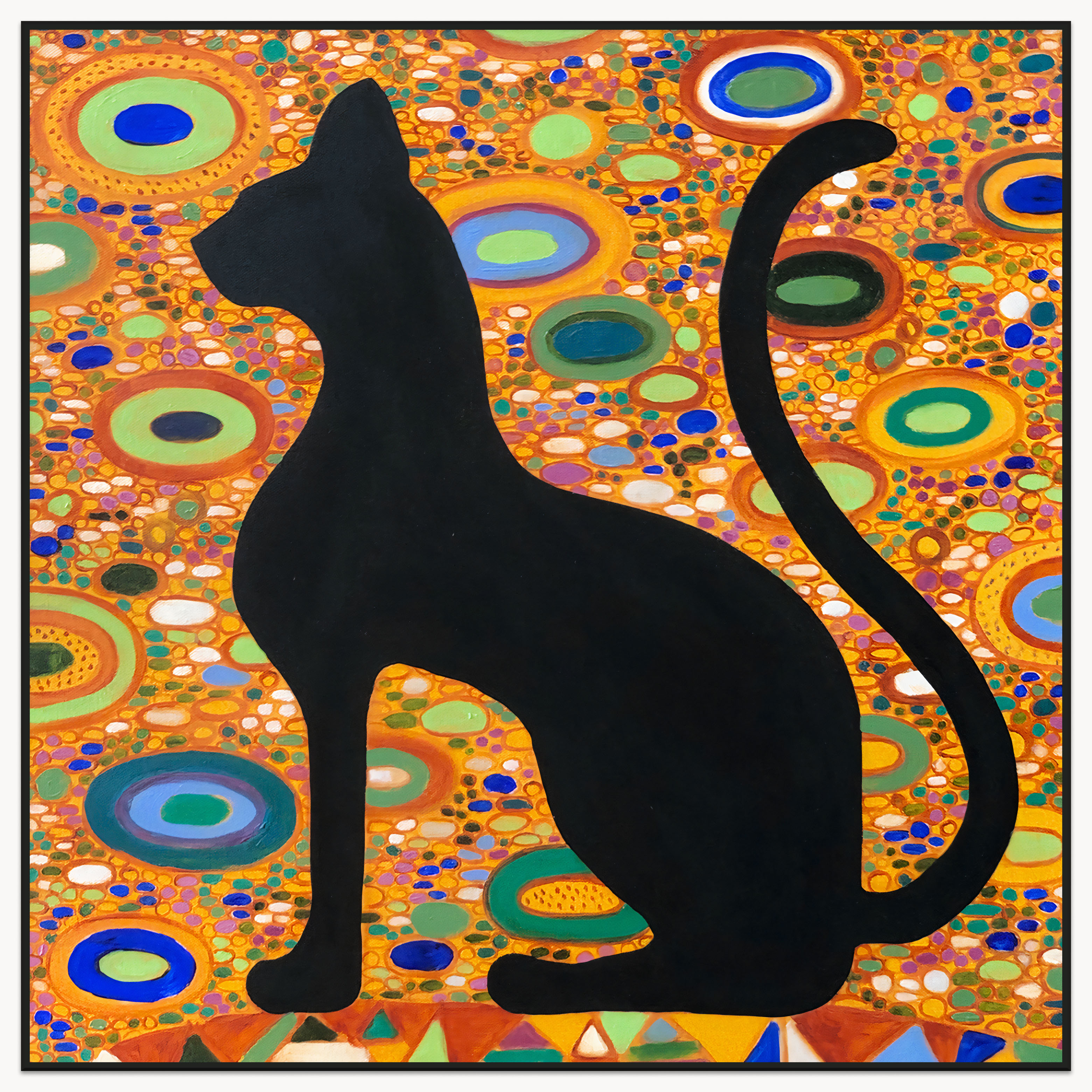 Black cat oil painting guarding cultural heritage