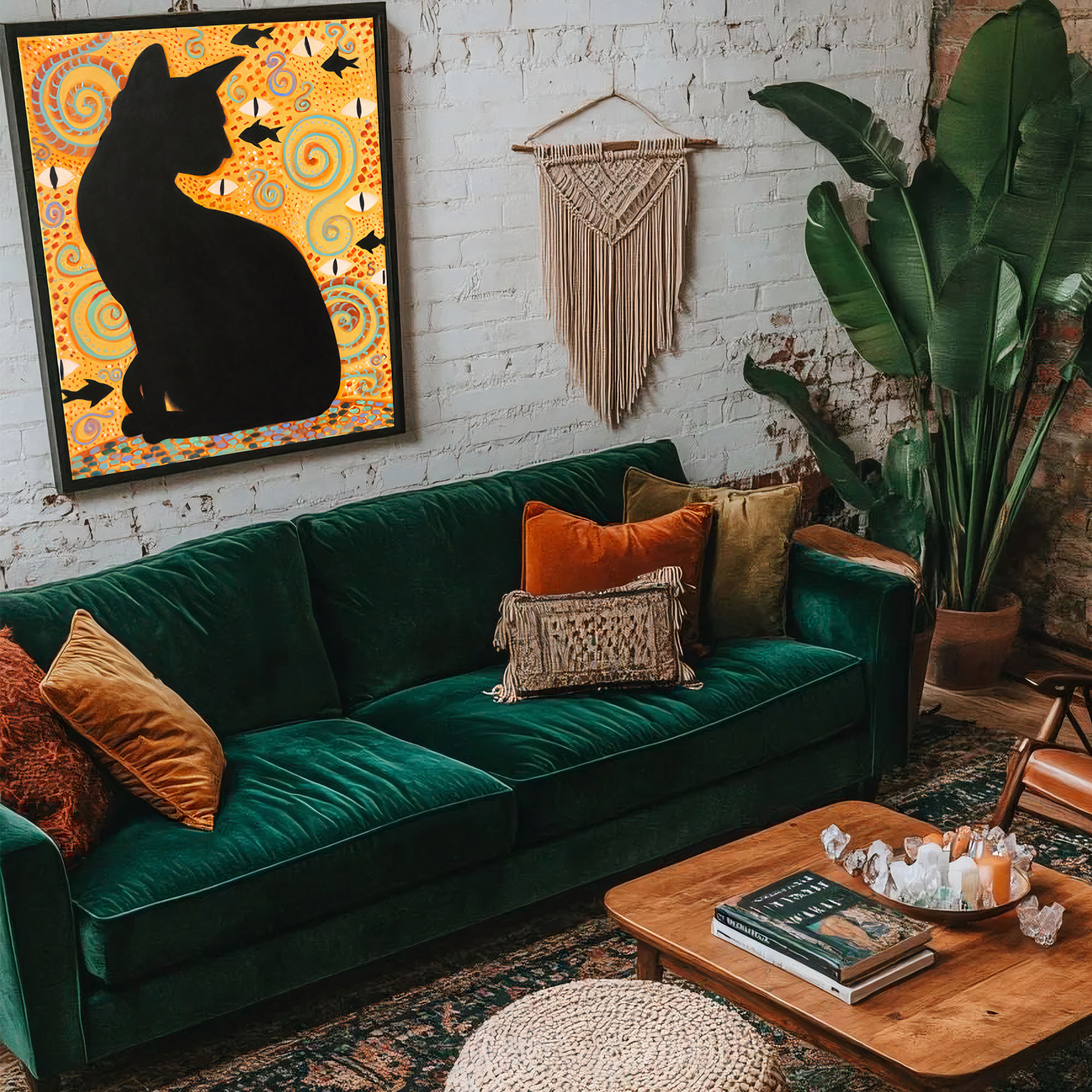 Black cat oil painting depicting a mystical guardian cat in symbolic golden composition