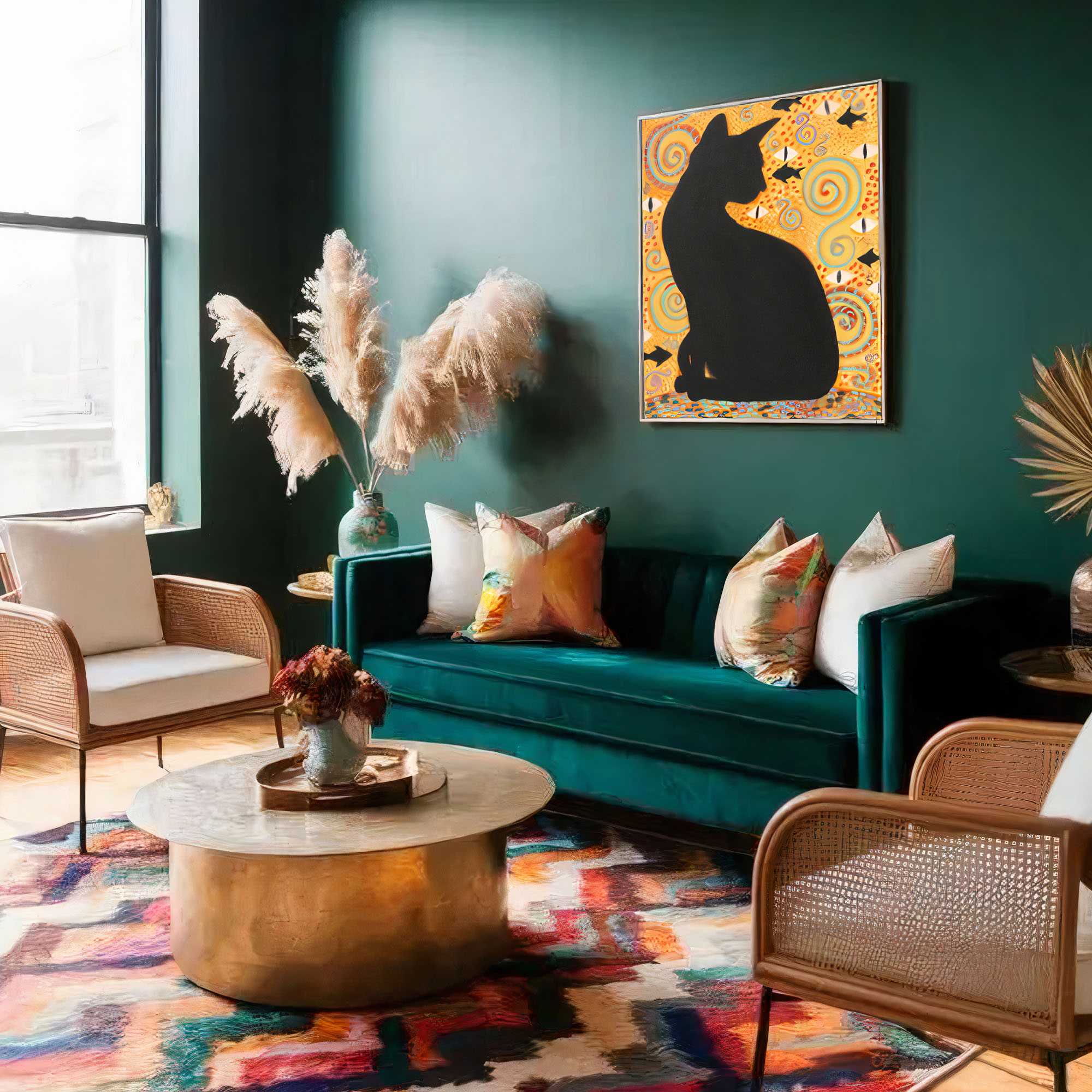 Black cat oil painting depicting a mystical guardian cat in symbolic golden composition