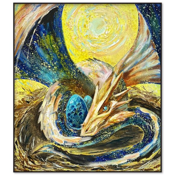 Hand-painted oil painting of a mother dragon guarding her egg, set against a golden celestial background. A mythical fantasy artwork in impressionist and abstract realism style.
