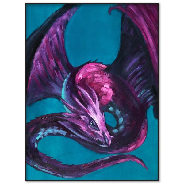 Majestic purple and red dragon oil painting set against a striking turquoise background. A stunning piece of fantasy dragon art inspired by zodiac astrology, dragon mythology.