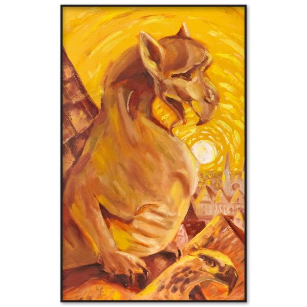 Oil painting on stretched canvas titled "Sunrise" by artist Nekol. A golden-hued dragon perches on a rooftop at sunrise, overlooking a medieval cityscape, blending elements of Art Nouveau and Impressionist styles.
