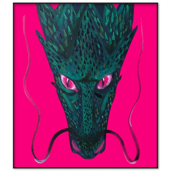 Oil painting on stretched canvas by artist Nekol featuring a textured green dragon head with piercing pink eyes against a vibrant magenta background.