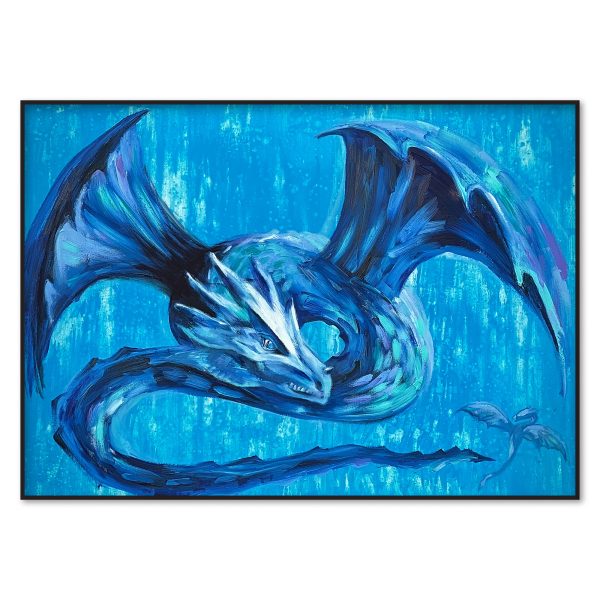 Hand-painted oil painting of a blue dragon in an impressionist style on stretched canvas. A dynamic fantasy dragon artwork with rich blue tones.