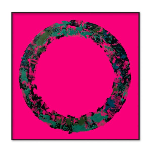 Original abstract oil painting on canvas by artist Nekol, featuring a textured circular form in green and black against a bold magenta background.