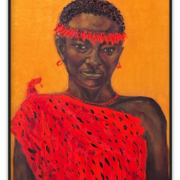 Preview Portrait of a person in red traditional clothing with headband and necklace, painted in expressive style on canvas.
