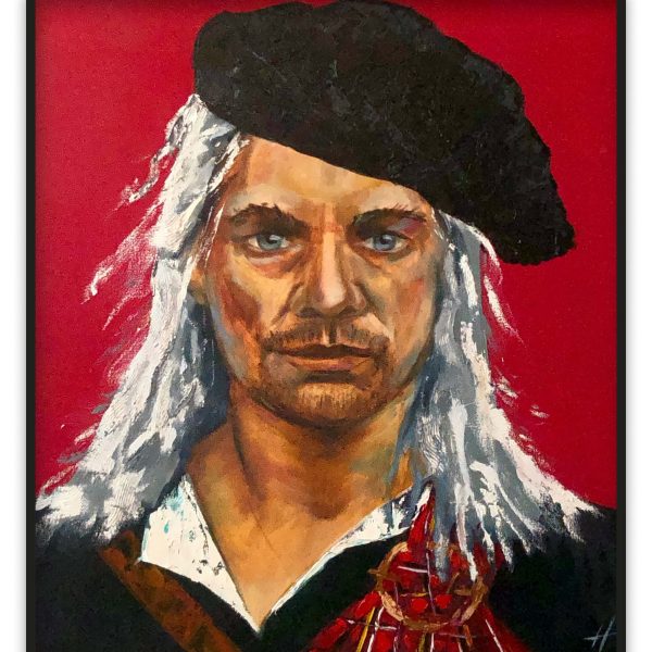 Preview oil painting 'Honour' by Nekol (Olga Nekrasova): portrait of a man with long white hair, black beret, and tartan clothing on a red background.