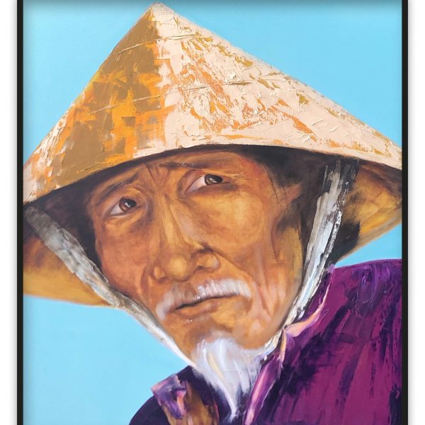 Oil painting of an elderly man in traditional East Asian attire: a conical hat and purple garment, against a blue background; By artist Olga Nekrasova