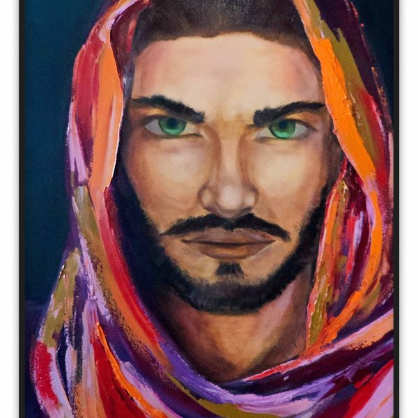 Preview Image: A detailed oil painting depicting a bearded man with striking green eyes, adorned in a vividly colored abstract hood against a dark background. The artwork masterfully blends realistic portraiture with bold, expressive brushstrokes.
