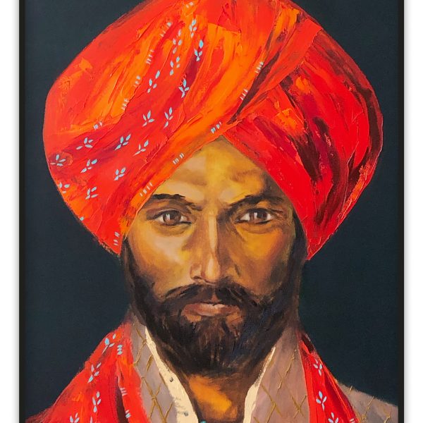 Preview Image: Oil portrait of a man in red turban by Nekol titled "Train to Pakistan", painted on 70x90 cm canvas.