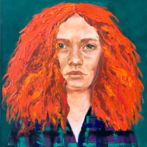 Portrait of a red-haired Irish woman, painted by Nekol, from the Women of the World art collection, oil painting style, vibrant colors, textured brushwork, feminine beauty, original artwork