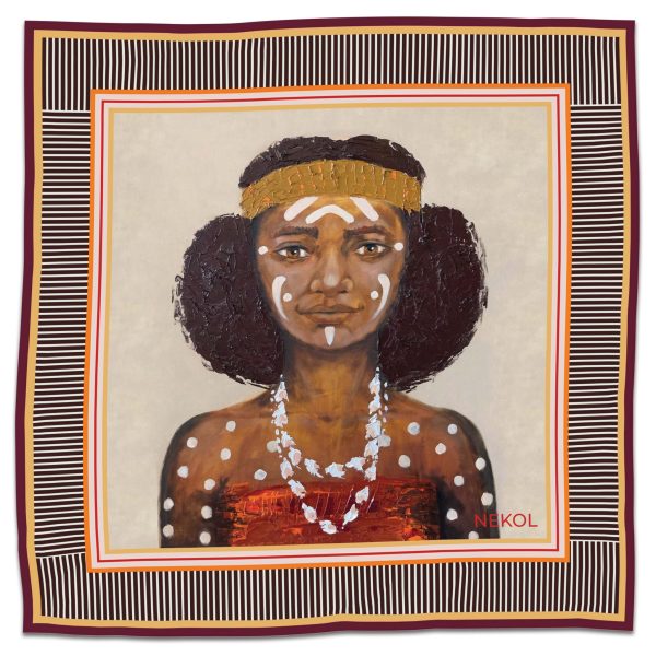 Silk-like scarf “Fille du Pacifique” with portrait of a Pacific Island girl on a striped geometric border, inspired by Nekol’s painting “Ocean’s Whisper”