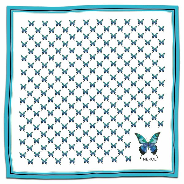 Blue butterfly silk scarf with azure butterfly pattern on white background