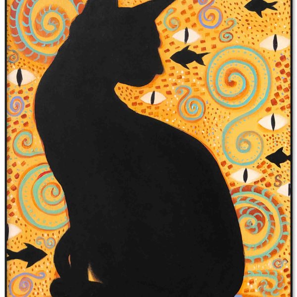 Black cat oil painting depicting a mystical guardian cat in symbolic golden composition
