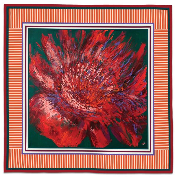 Silk scarf with vivid red abstract floral design from Bloom of Scarlet Winds by Nekol.