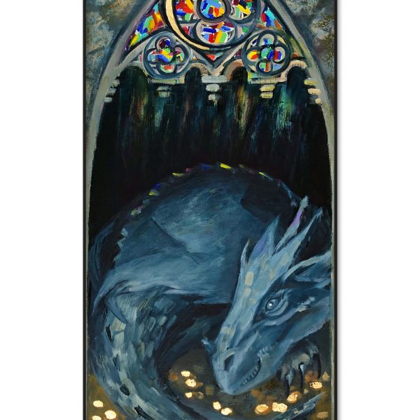A majestic sleeping dragon oil painting resting on a bed of gold coins, illuminated by a gothic stained-glass window. A mystical fantasy artwork in impressionist and art nouveau style.