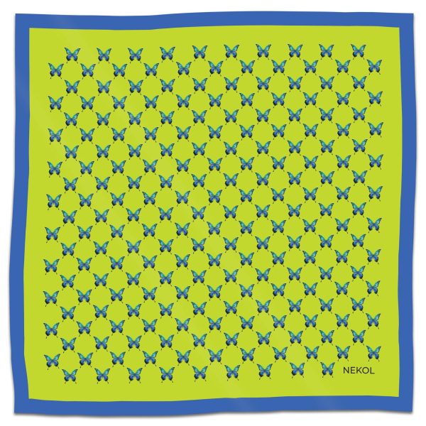 Blue butterfly silk scarf with azure butterfly pattern on lime background, 75×75 cm.