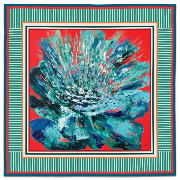Luxurious green and blue peony print silk-like satin scarf with vibrant red background, inspired by original painting by Nekol.